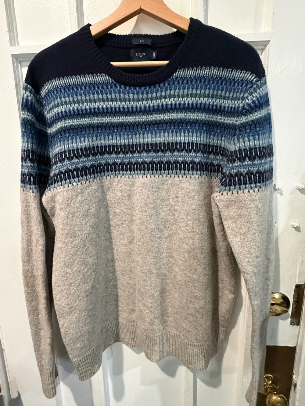 J. Crew Men's Crewneck Sweater in Navy, Blue & Light Gray Fair Isle